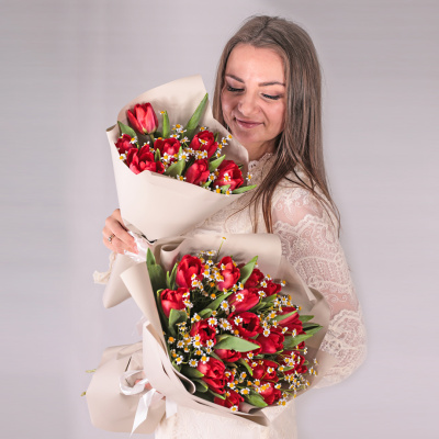 Букет из 19 красных тюльпанов с ромашками 46334