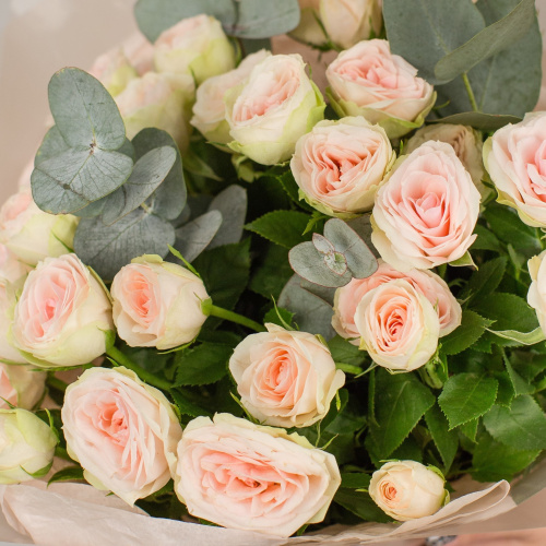 Букет из кремовых кустовых пионовидных розовых роз с эвкалиптом арт. 50416