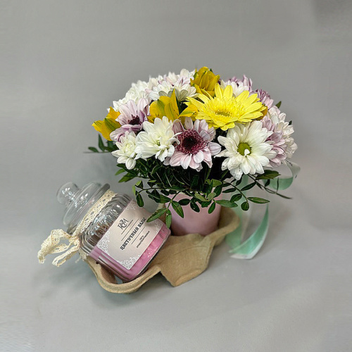 Сет "Цветочный вальс". Набор стаканчик с цветами и аромасвечой в банке арт. 70397